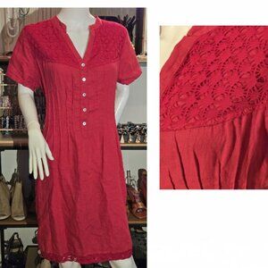 Red Linen embroidery Dress with Pockets size 14 XL